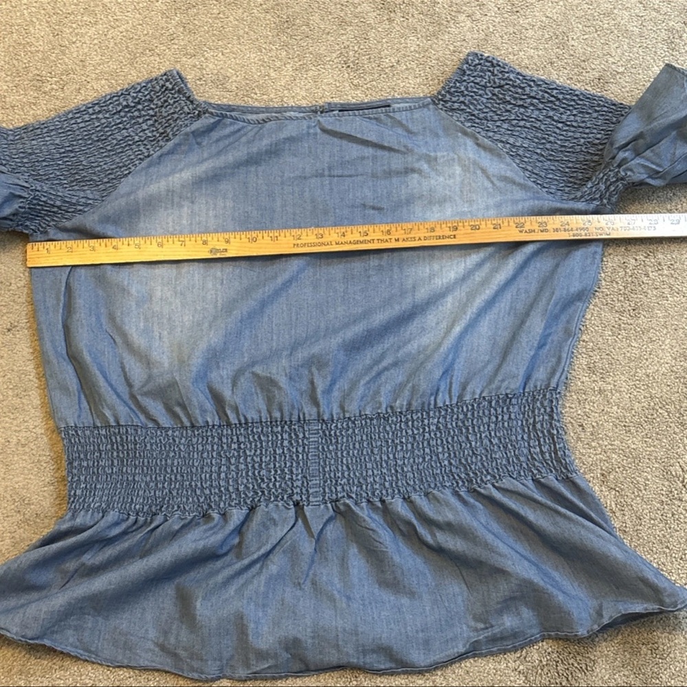 Ashley Stewart Smocked Peplum Stonewash Jean Blouse Flare Sleeve Fairy SZ 18/20 - Picture 12 of 16